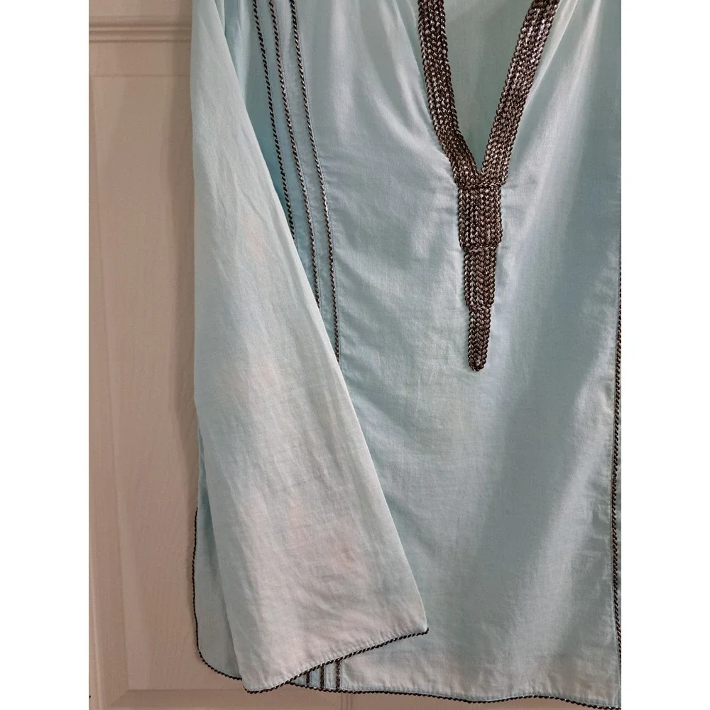 Tory Burch Sky Blue Tunic/Shirt w Brown SilverEmbellishments Size 4. 100% Cotton